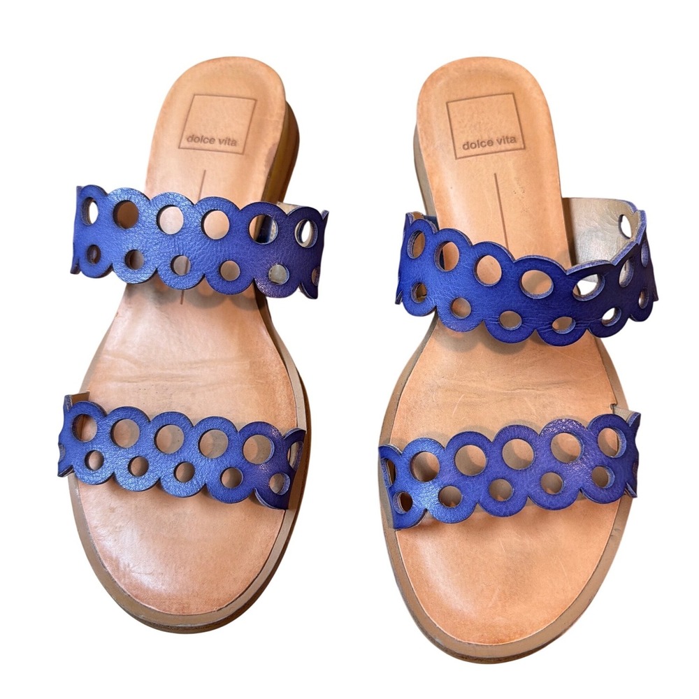 Dolce Vita Purple Leather Scalloped Laser Cut Slide Sandals Low Wedge Womens 7.5 - Picture 2 of 6